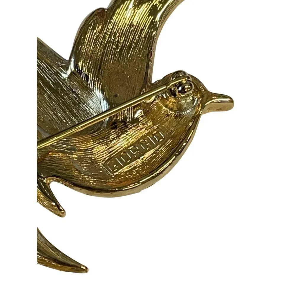 Vintage Gold-Tone & Red Enamel Bird Brooch With Rhinestone Accents By‎ Giorgio